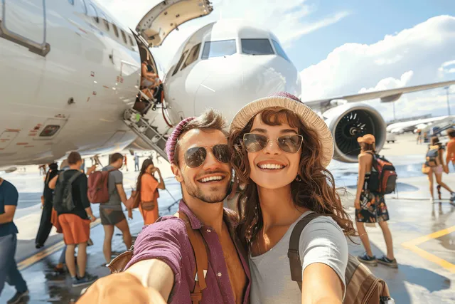 Cheerful couple taking a selfie on a plane walkway at the airport