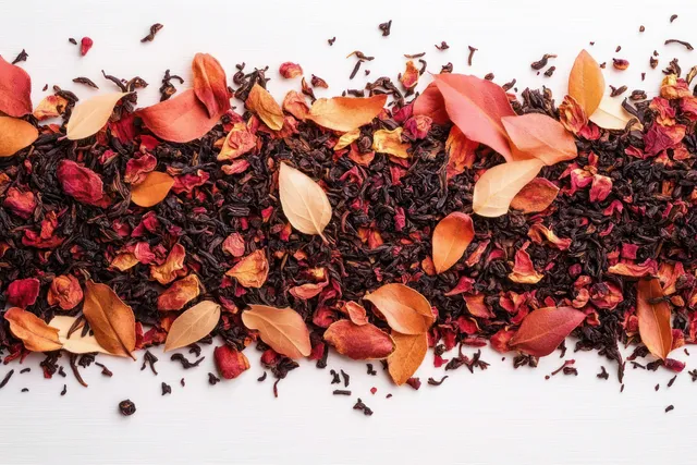 Dried tea leaves and rose petals scattered in a horizontal strip across a white background.