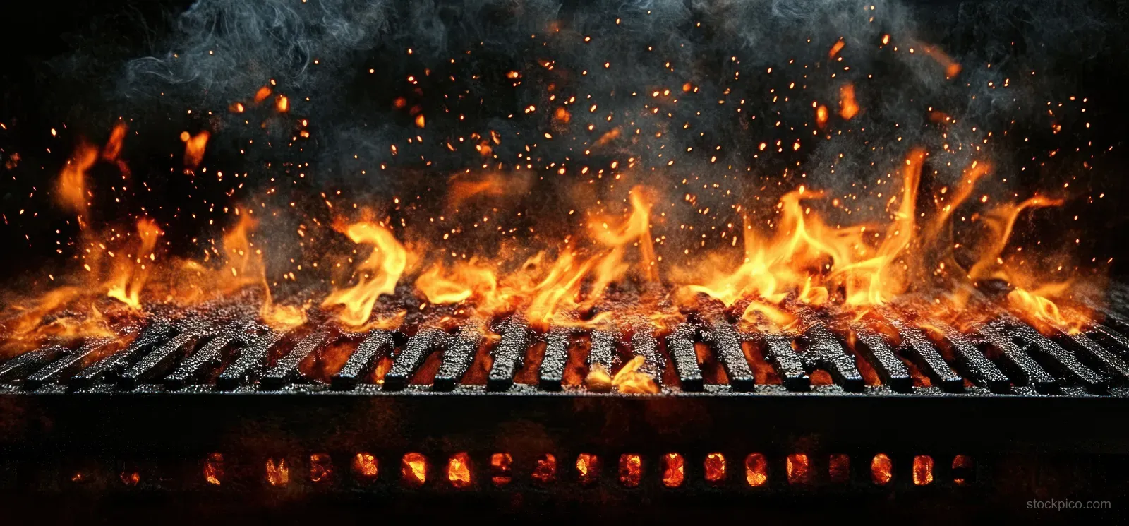 Orange flames and sparks rise from a charcoal grill as smoke swirls against a dark background.