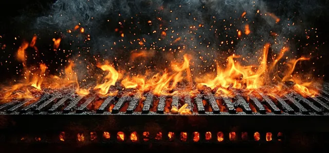 Orange flames and sparks rise from a charcoal grill as smoke swirls against a dark background.