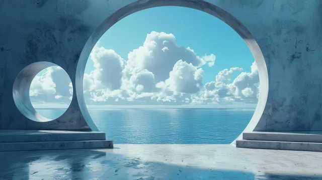 Concrete terrace leads to ocean view through large and small circular arch windows under blue sky.