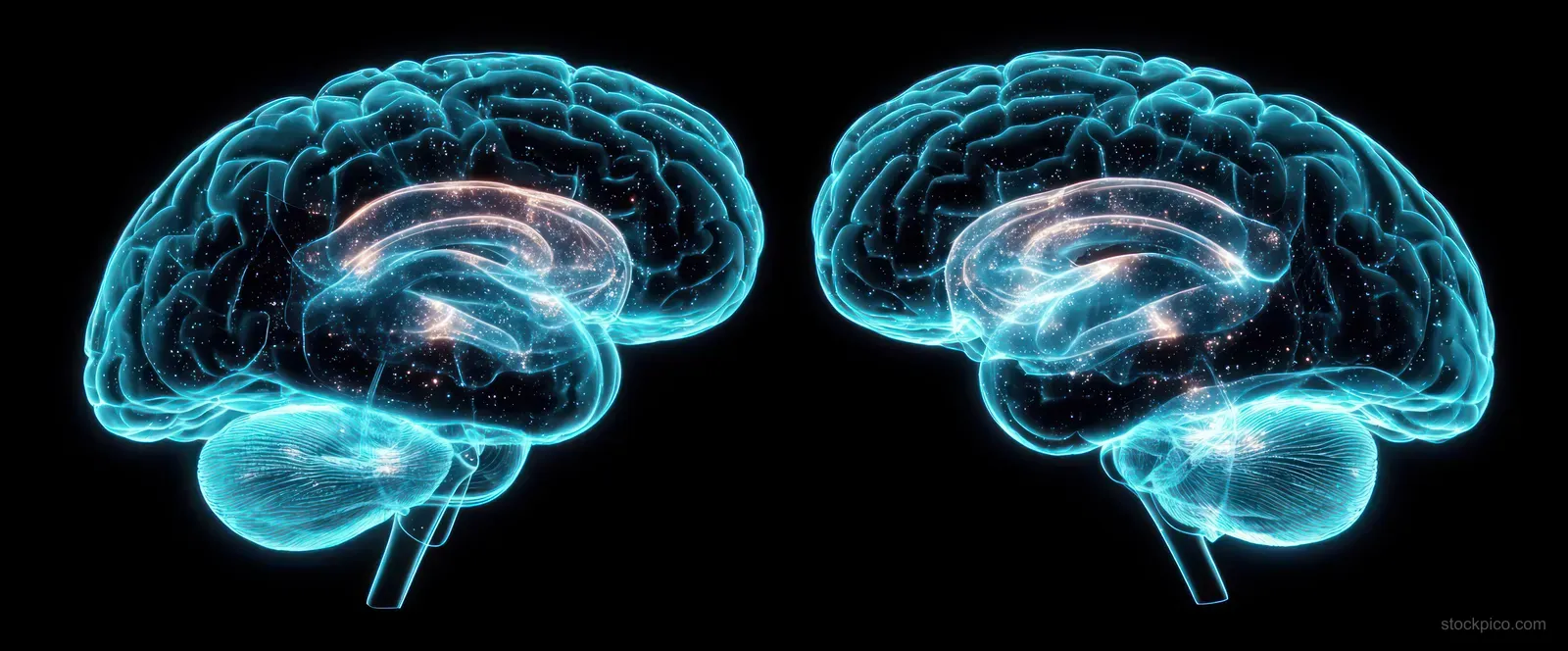 Two glowing translucent brains face each other on a black background.