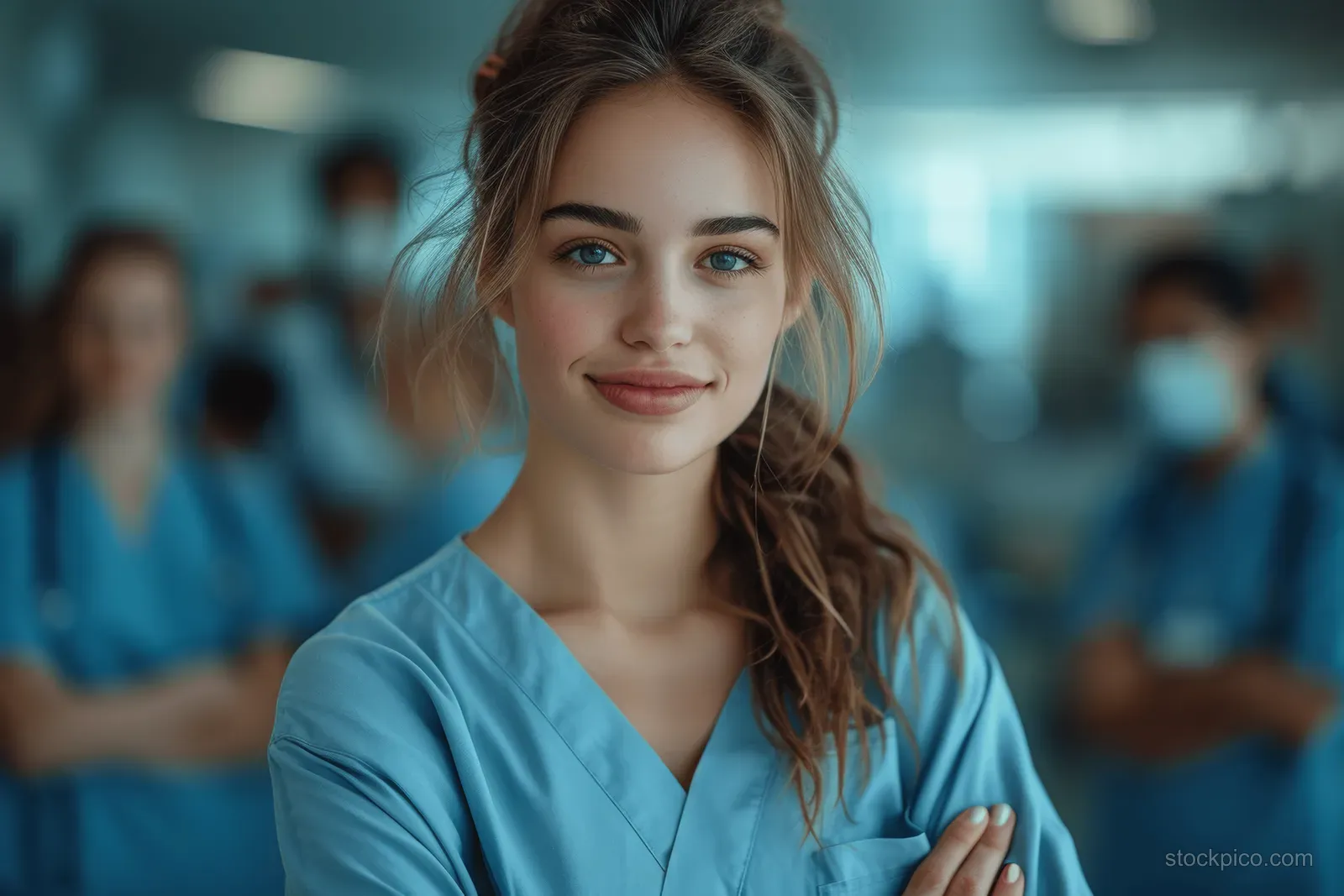Young nurse in blue scrubs with a stethoscope stands confidently in a hospital corridor while staff wait behind her.