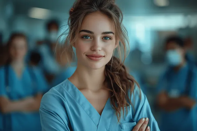 Young nurse in blue scrubs with a stethoscope stands confidently in a hospital corridor while staff wait behind her.
