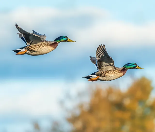 Two mallard ducks fly through a blue sky with blurred autumn trees behind them.