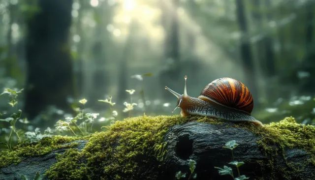 A brown and orange striped snail crawls over a moss-covered log in a sunlit forest with soft blurred background.