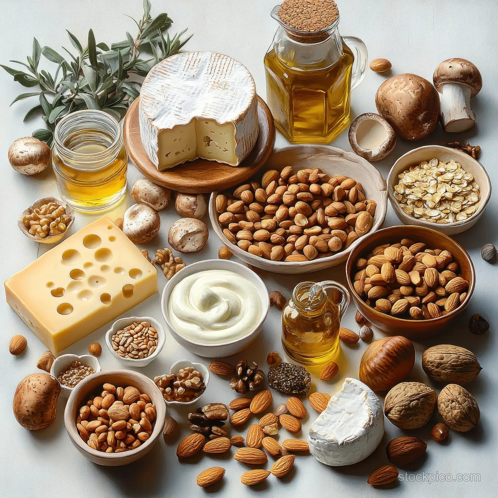 Nuts, cheeses, mushrooms, and oats arranged with honey and oil jars on a white surface from above.