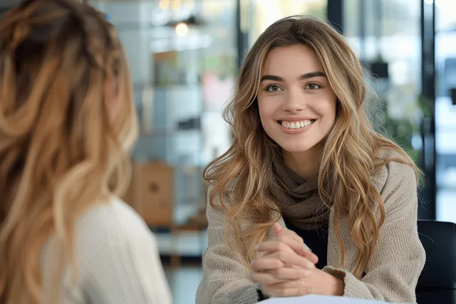 A smiling businesswoman interviews a female applicant across a table in a corporate office.