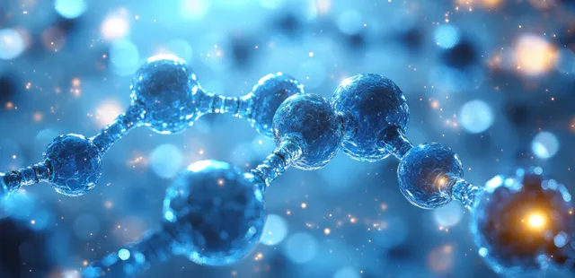 Glowing blue DNA-like spheres form a helix connected by floating network dots over a soft bokeh background.