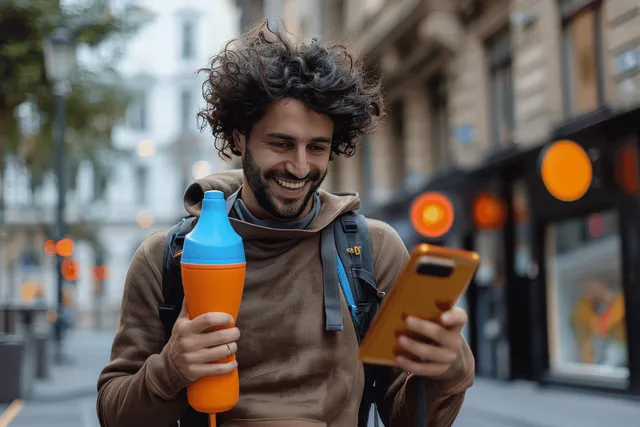 Excited young man in street daylight celebrates success while holding smartphone and cheering