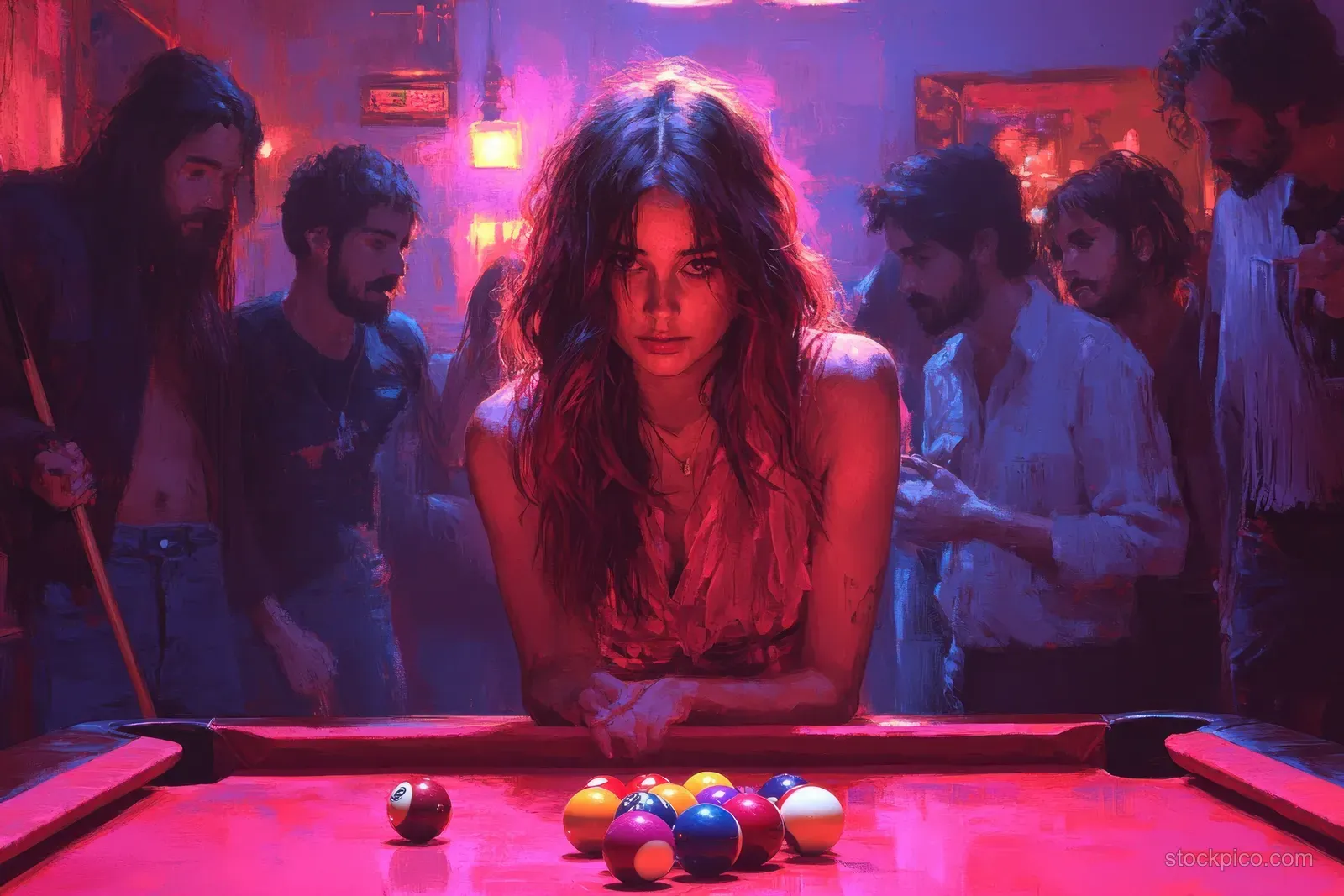 Friends stand around a neon-lit pool table as balls glow under colorful bar lighting.