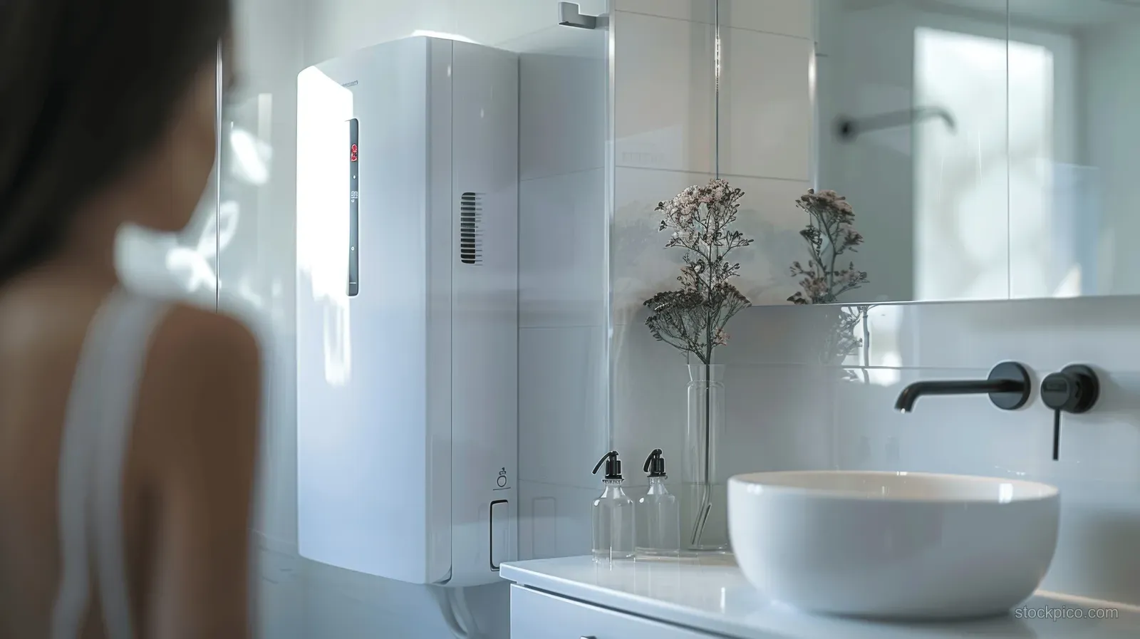 White wall-mounted air conditioner above a bathroom sink with mirror reflections and a vase of flowers on the counter.