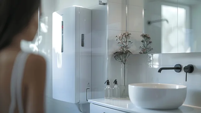 White wall-mounted air conditioner above a bathroom sink with mirror reflections and a vase of flowers on the counter.
