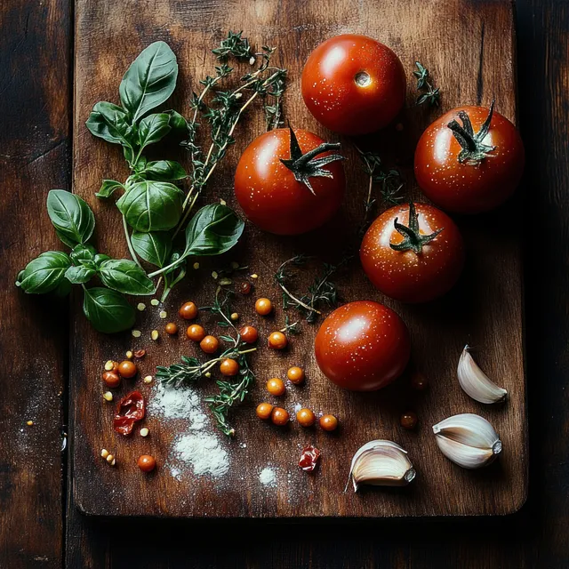 Fresh red tomatoes and green herbs arranged on rustic wooden cutting board