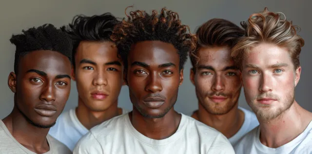 A diverse group of male models stands shoulder-to-shoulder in a studio on a soft gray background.