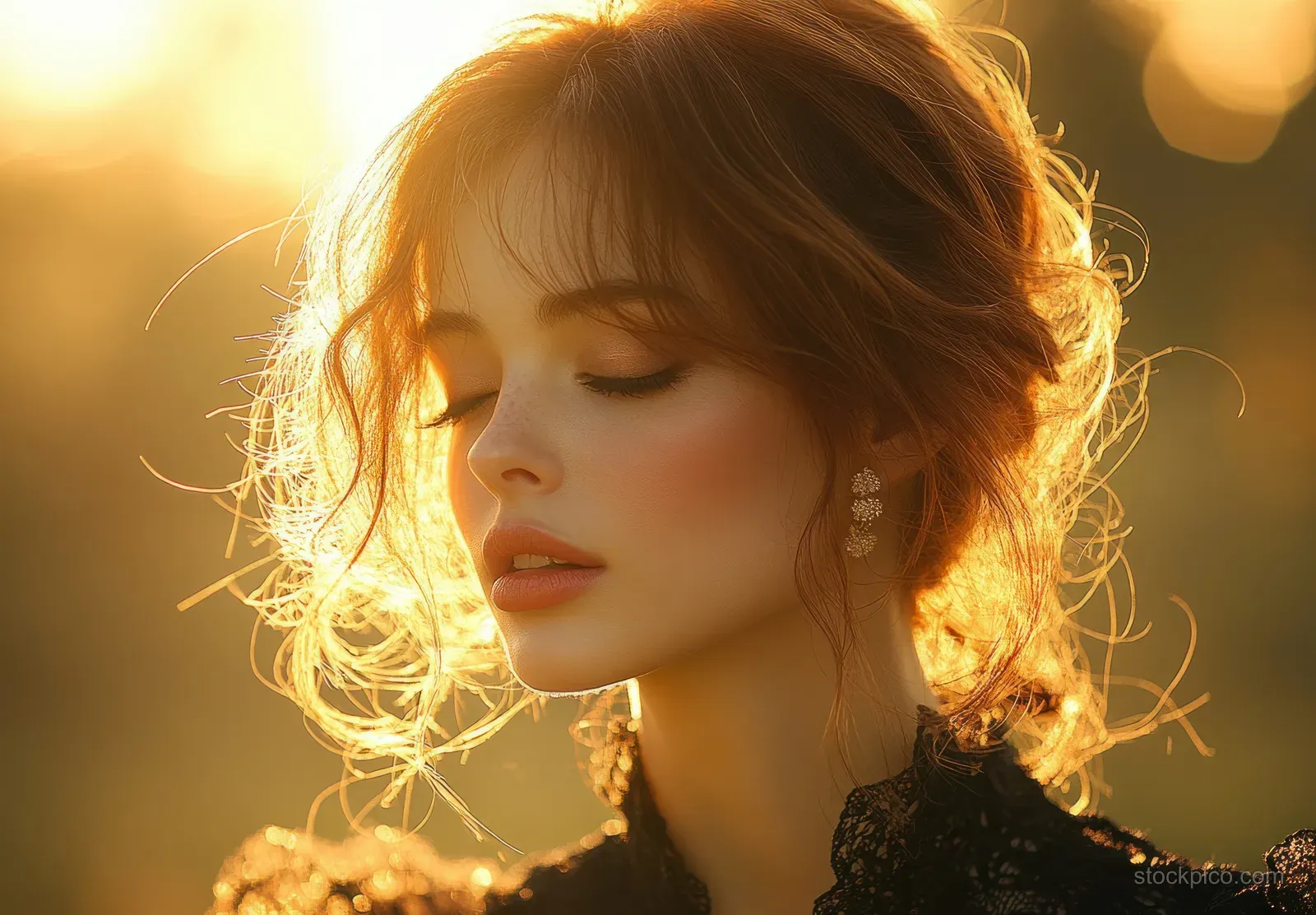Woman smiling in warm golden light with sparkling diamond earrings and necklace in a close-up portrait.