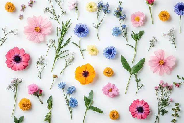 Assorted wildflowers and green eucalyptus leaves arranged in a flat lay on a white background.