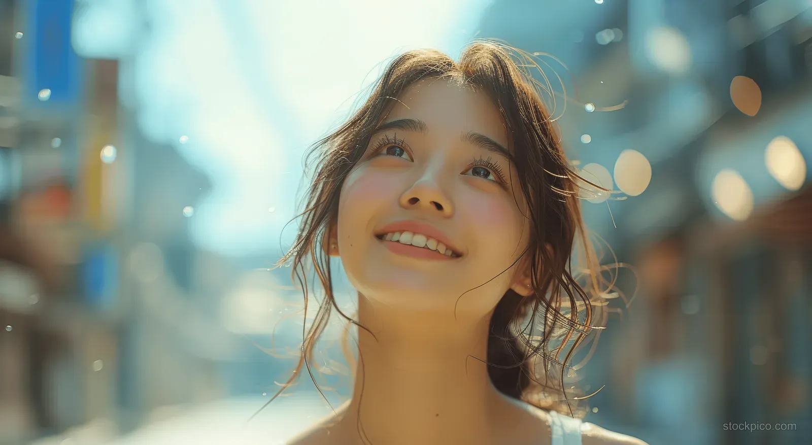 A smiling young woman strolls outdoors in a sunlit summer city street with bright sky and buildings behind her.