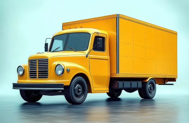 Bright yellow vintage delivery truck with a large cargo box parked on a reflective floor against a light blue background.