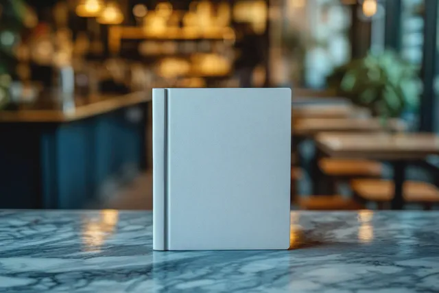 Closed blank white book upright on marble table in softly lit cafe with blurred chairs