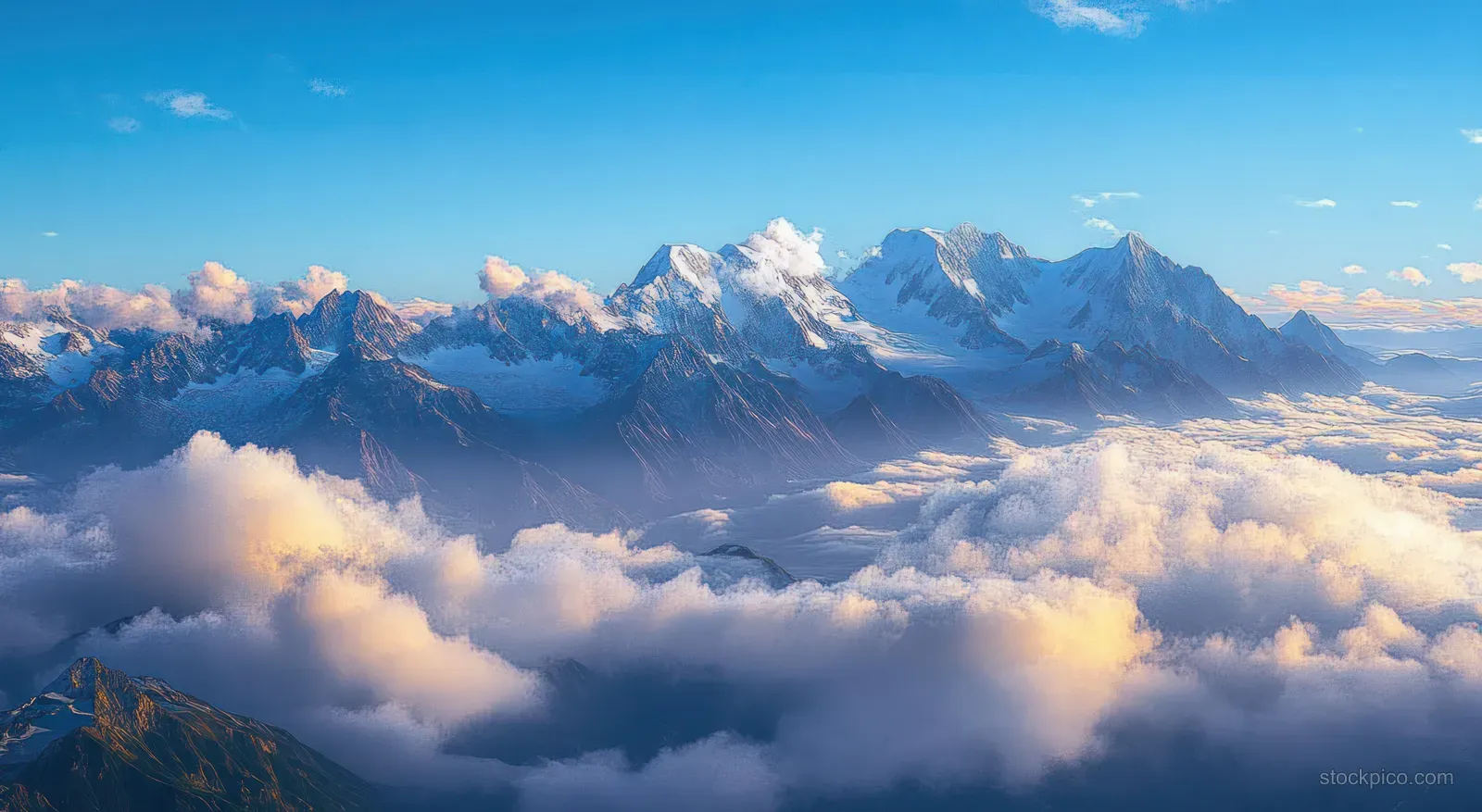 Snowy mountain peaks rise above fluffy cloud layers under a clear blue sunrise sky.