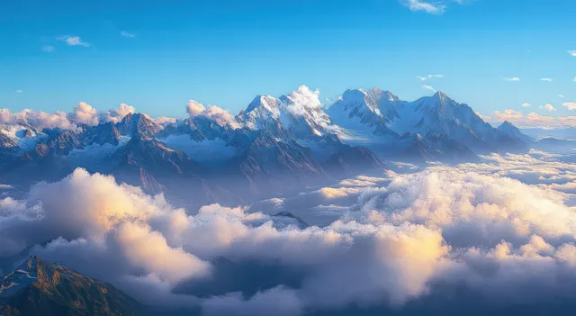 Snowy mountain peaks rise above fluffy cloud layers under a clear blue sunrise sky.