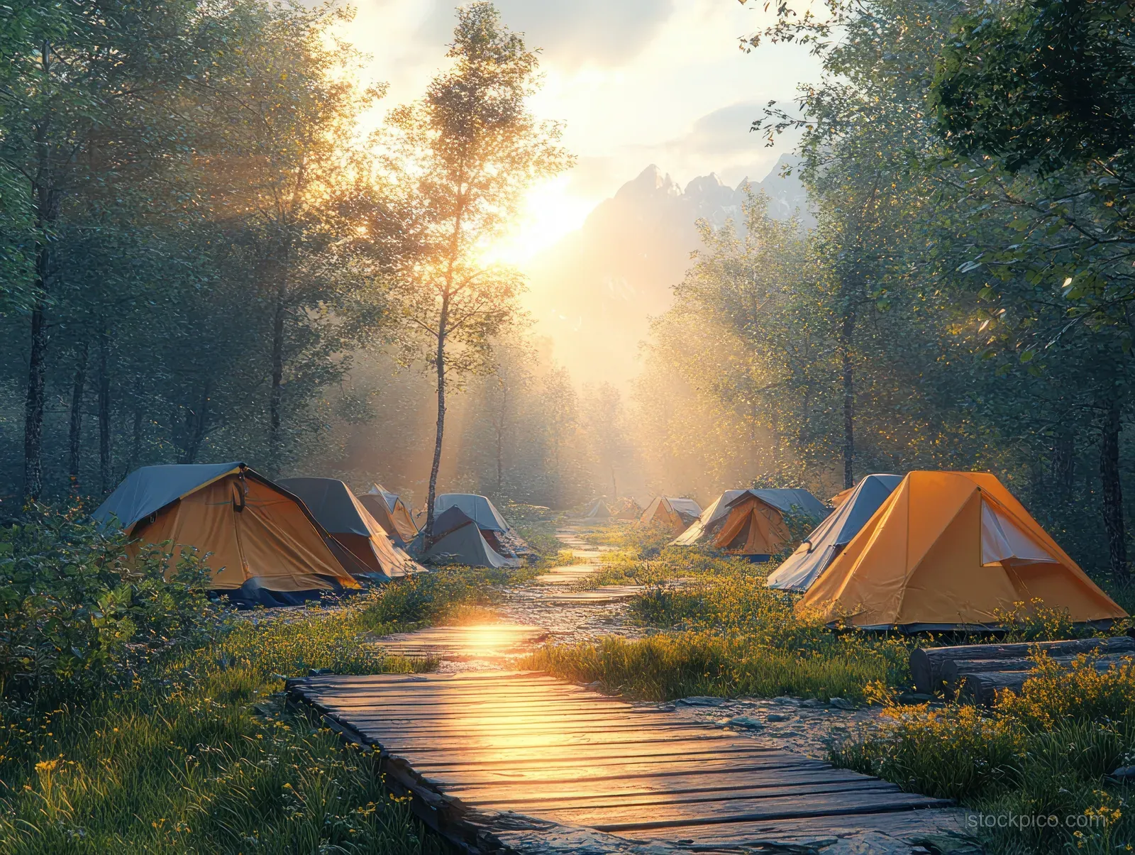 Colorful tents sit beside a wooden deck path in a sunlit forest with morning mist.