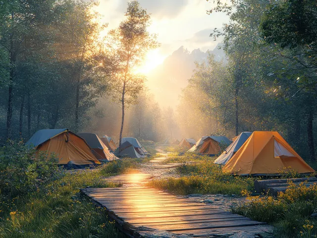 Colorful camping tents beside a wooden deck walkway in sunlit forest morning haze