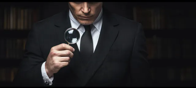 A serious man in a dark suit holds a magnifying glass while inspecting evidence in a dim library with bookshelves.