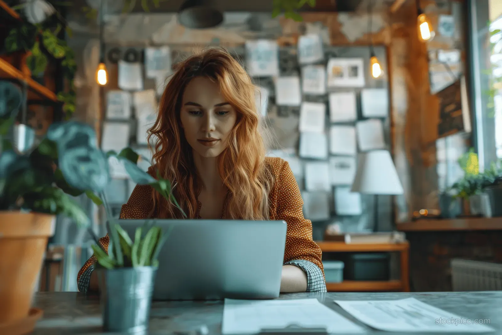 Businesswoman working on a laptop with a transparent checklist overlay while reviewing documents in a note-filled office.