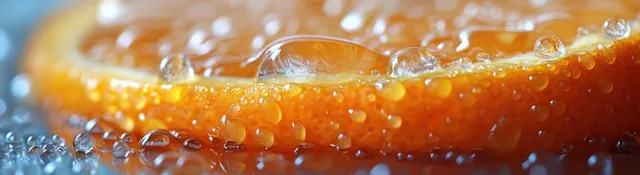 Sliced orange pieces in close-up with glossy juice droplets against a white studio background.