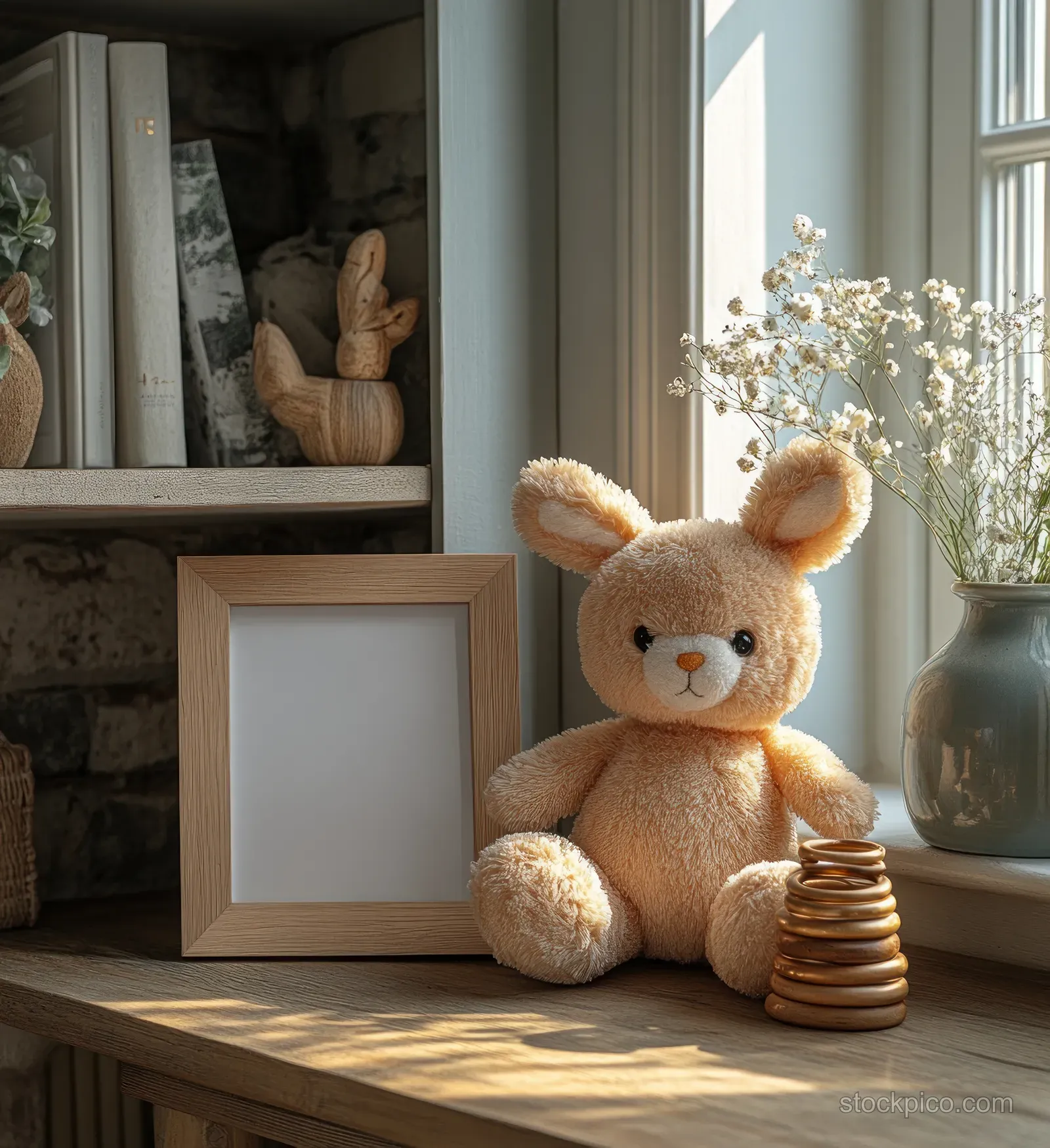 Plush bunny and stacked ring toy rest on a wooden floor beside a bright window in a minimalist children’s room.