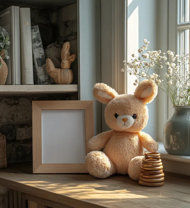 Plush bunny and stacked ring toy rest on a wooden floor beside a bright window in a minimalist children’s room.