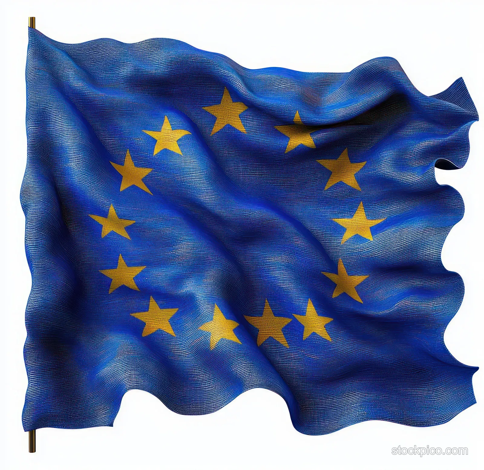 A blue flag waves with twelve golden stars in a circular arrangement across textured fabric folds.