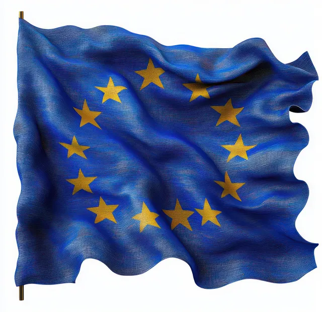 A blue flag waves with twelve golden stars in a circular arrangement across textured fabric folds.