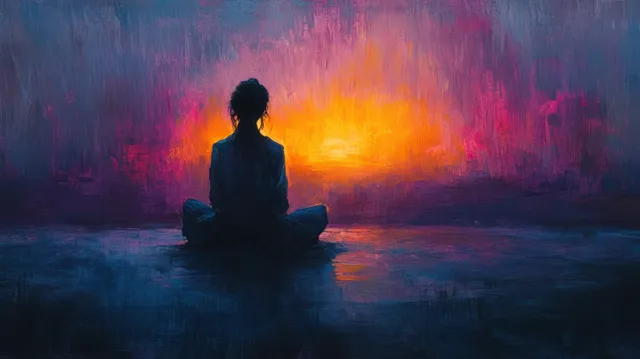 A seated person meditates in candlelit darkness with glowing reflections across wet ground.