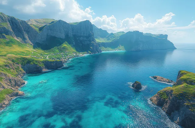 Aerial view of a coastal town along turquoise water with rocky islets and steep mountains in bright summer daylight.