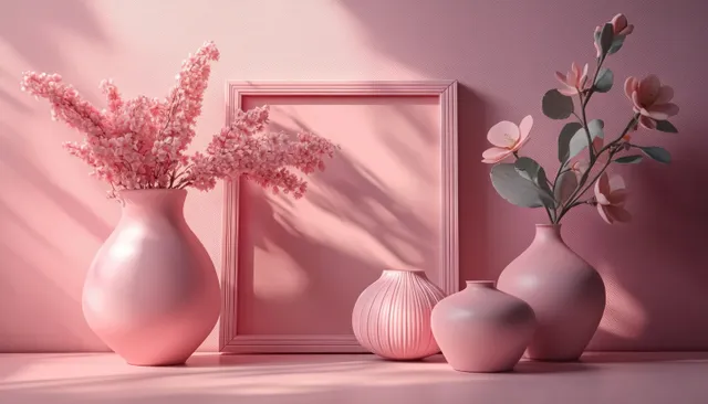 Soft pink vases with artificial flowers sit beside a blank photo frame, casting shadows on a pastel pink background.