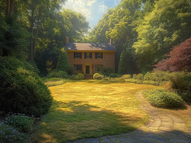 A two-story house is framed by green trees and shrubs, with a winding stone path leading to the front door in sunlight.