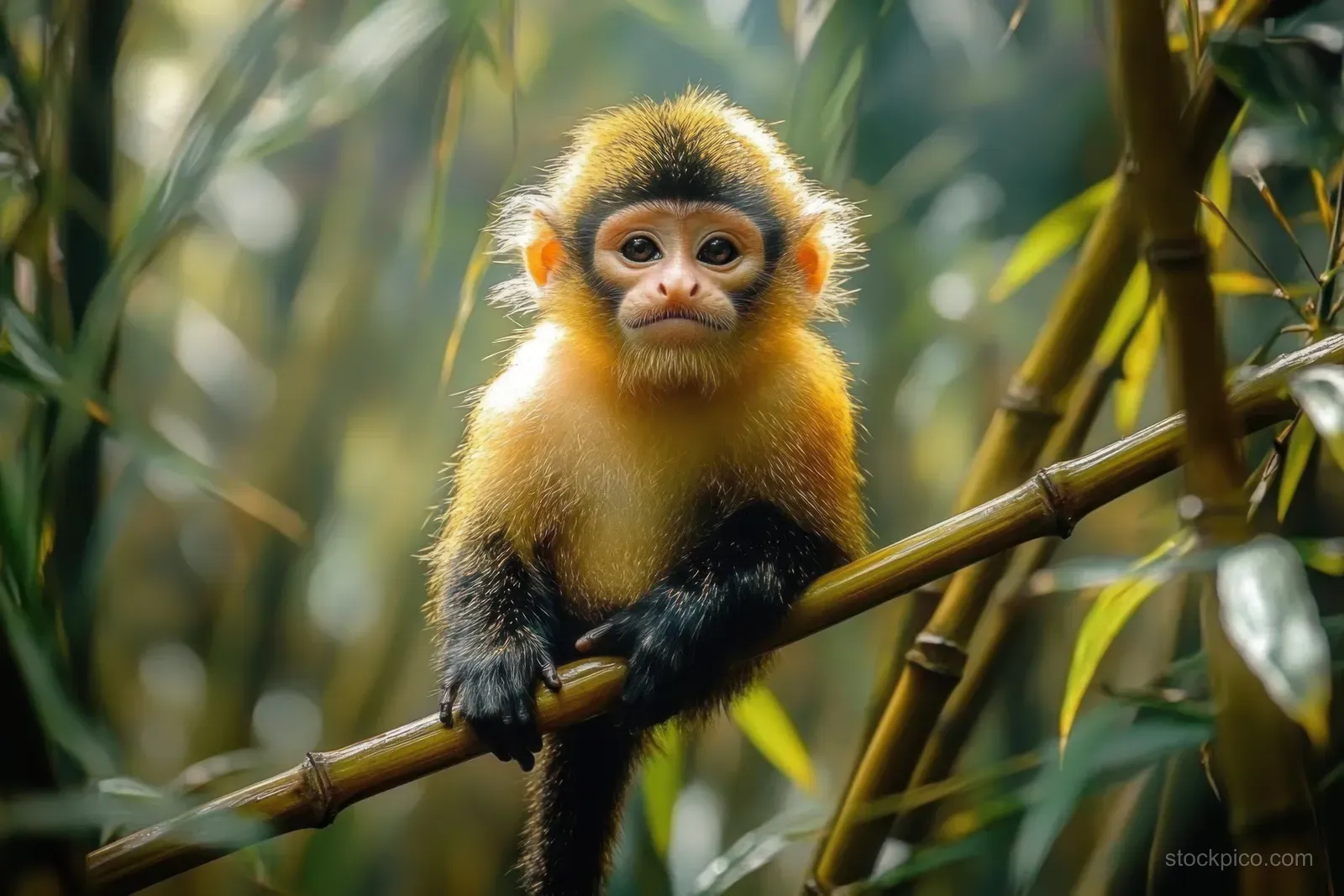 A young monkey perches on a bamboo branch, staring with alert eyes amid lush green jungle leaves.