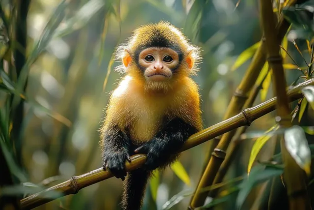 A young monkey perches on a bamboo branch, staring with alert eyes amid lush green jungle leaves.