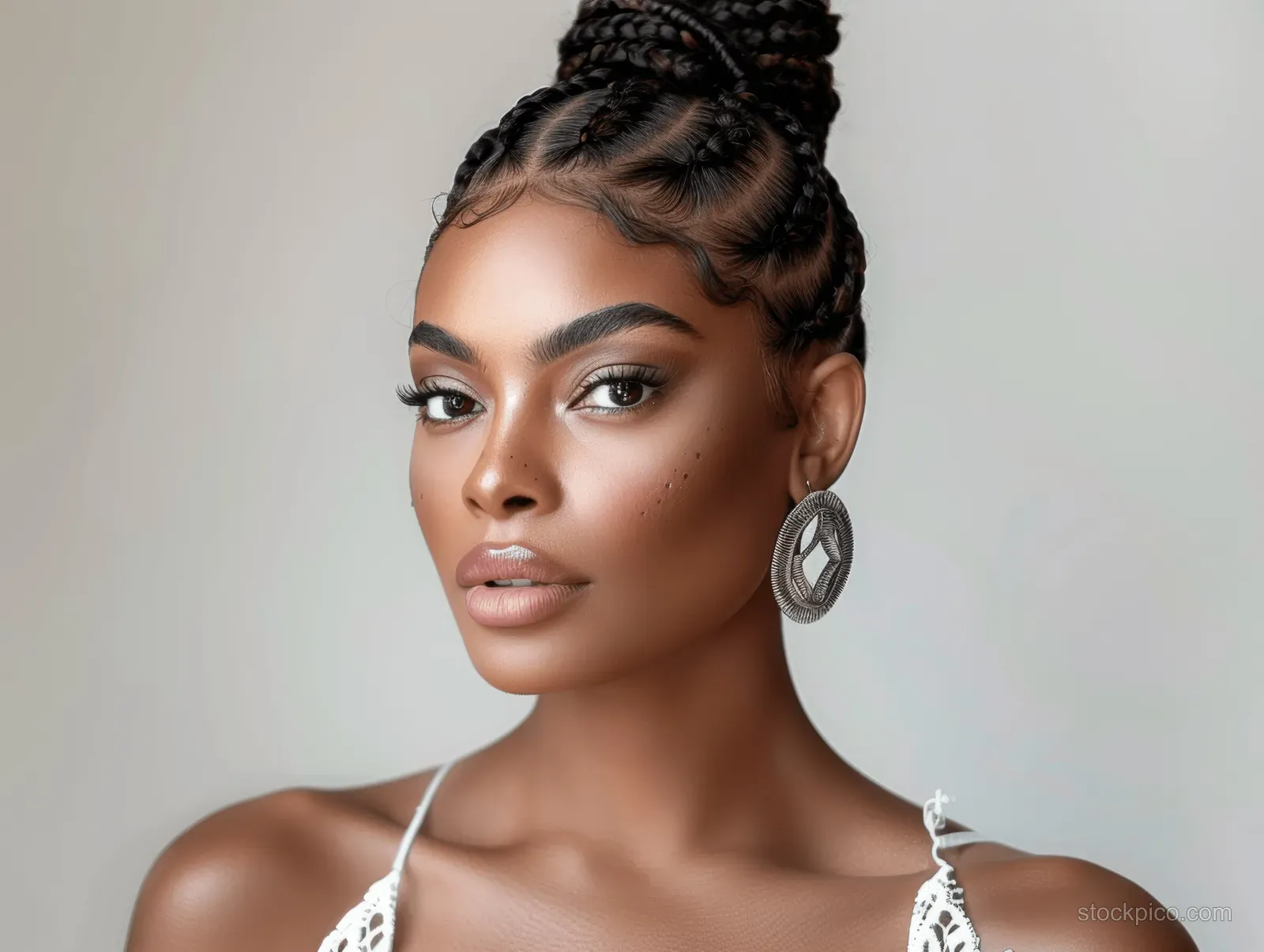 Close-up portrait of a beautiful African American woman with cornrow braids, wearing a white dress and large statement earrings.