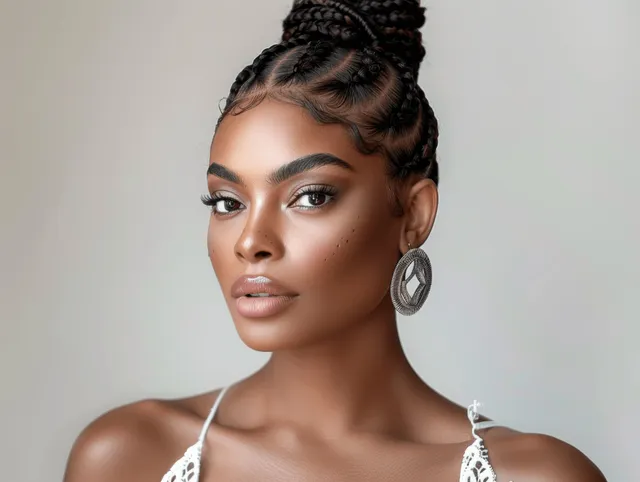 Close-up portrait of a beautiful African American woman with cornrow braids, wearing a white dress and large statement earrings.