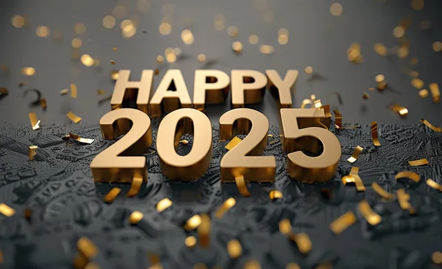 Happy New Year 2025 3D golden text over grey concrete with falling confetti sparkles
