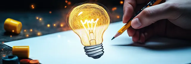 Hand sketching a glowing light bulb on paper beside pencils at a desk