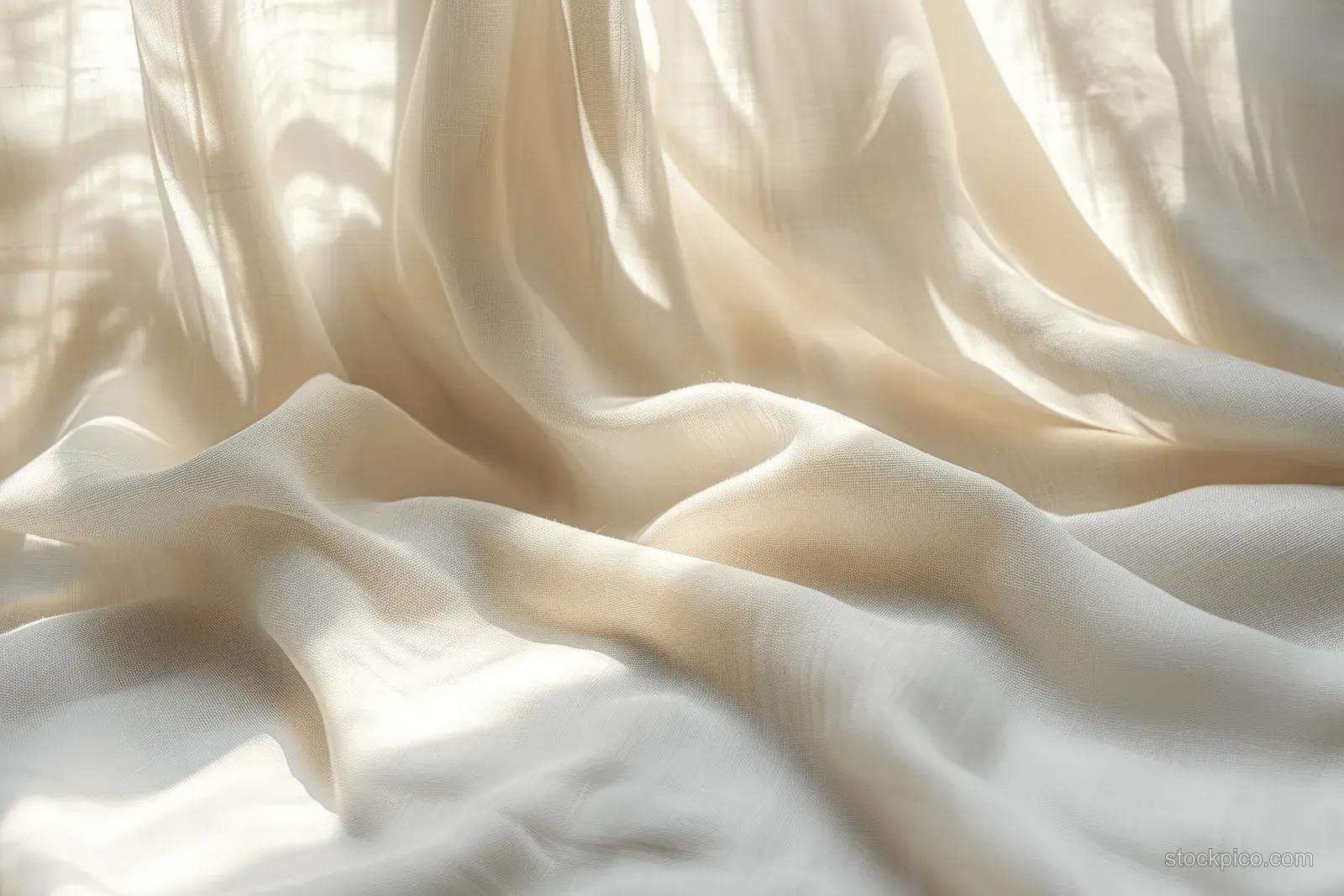 Light-colored fabric draped in gentle waves under natural daylight, showing soft texture and subtle shadows.