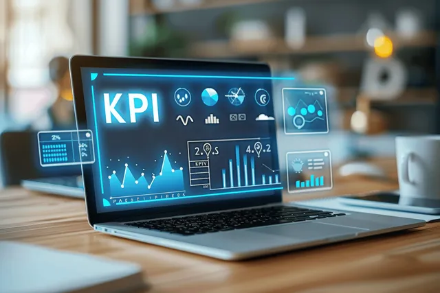Laptop screen shows a KPI analytics dashboard with bar and line charts against a blurred office background.