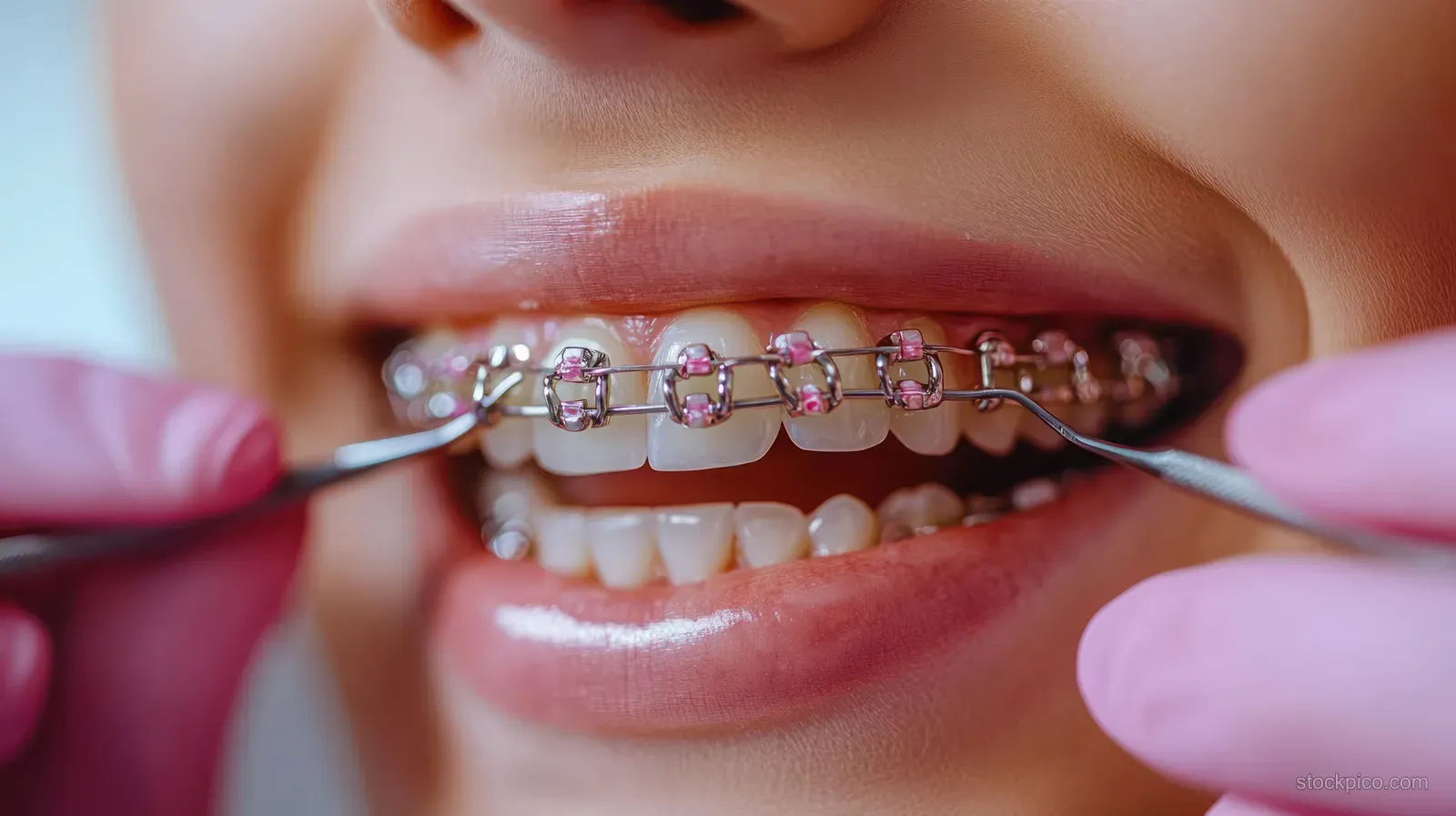 A dentist’s gloved hands adjust pink bands on visible metal braces during a close-up dental procedure.
