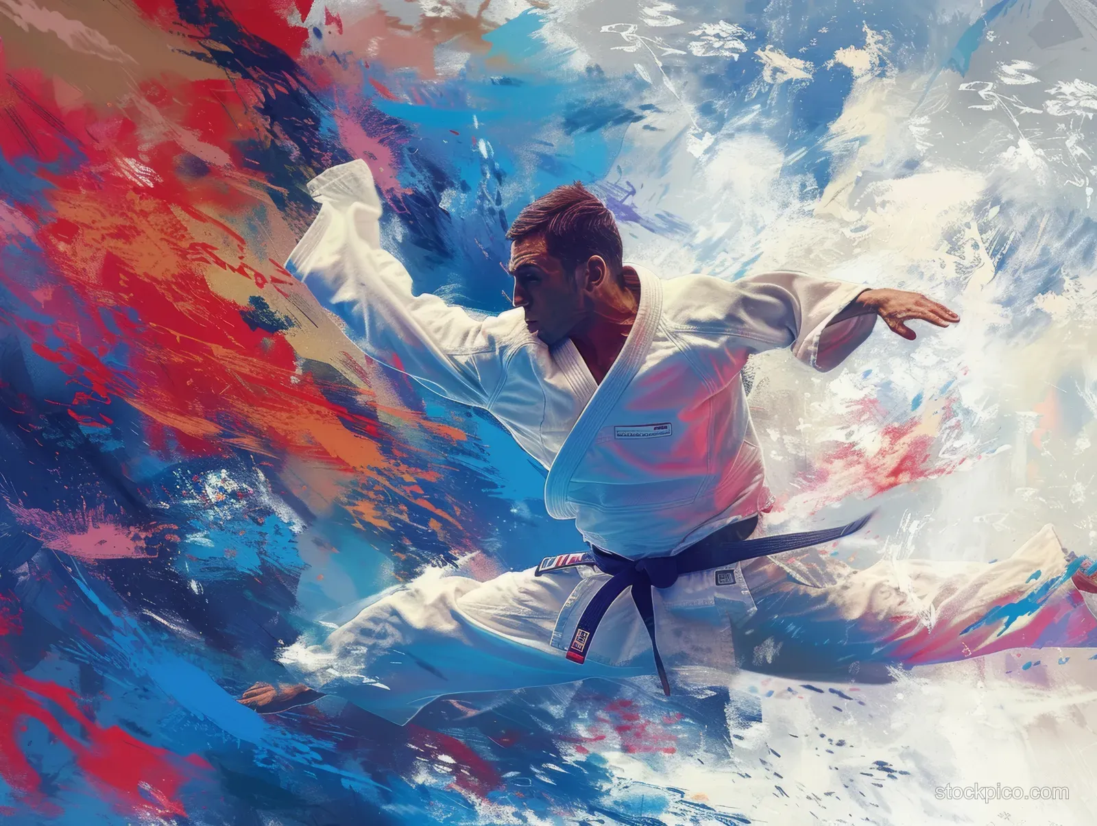 French judoka throws opponent midair in a blue gi while red and blue brushstroke colors swirl behind.