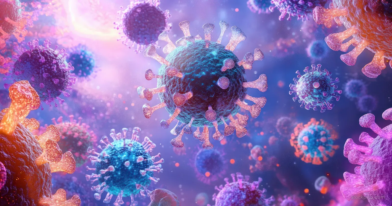Colorful virus and bacteria shapes float in a glowing purple-blue microscopic digital artwork scene.